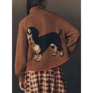 Anthropologie Pilcro Dachshund Jesse Dog Icon Cardigan Sweater Brown Size M NWT